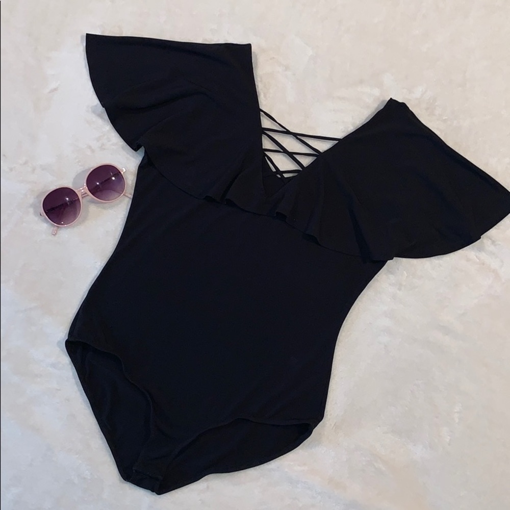 Black fold-over off shoulder bodysuit